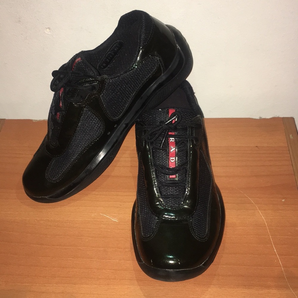 Black Patent Leather & Fabric Prada Sneakers